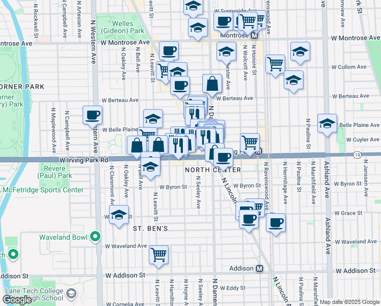 map of restaurants, bars, coffee shops, grocery stores, and more near 2057 West Cuyler Avenue in Chicago