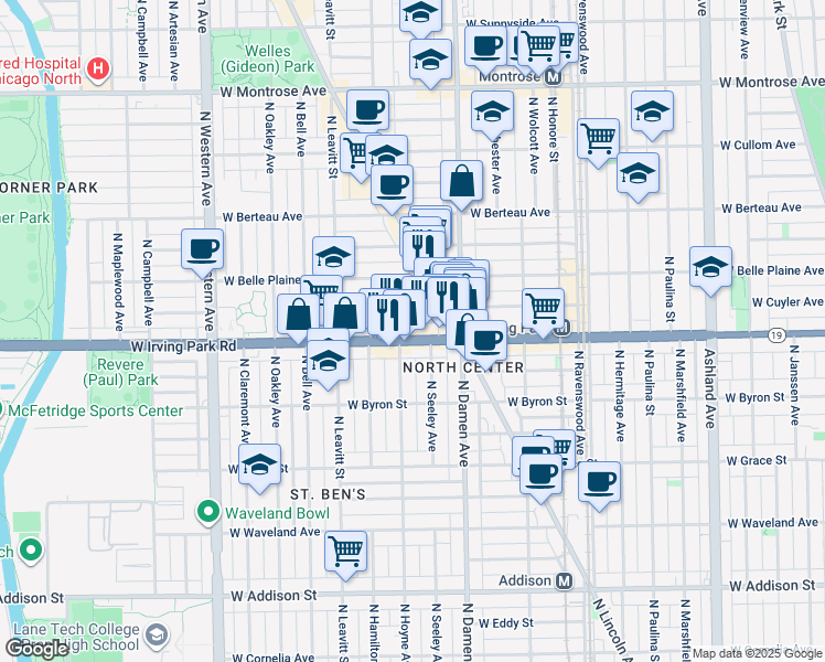 map of restaurants, bars, coffee shops, grocery stores, and more near 2053 West Cuyler Avenue in Chicago