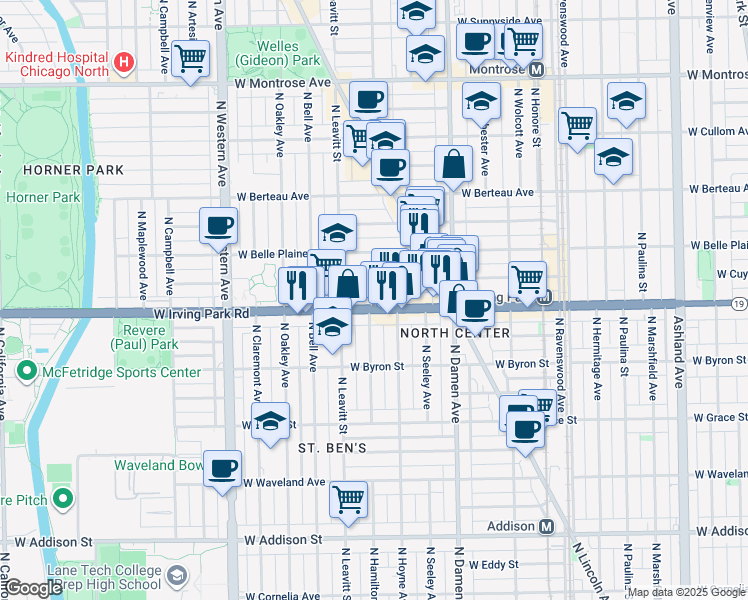 map of restaurants, bars, coffee shops, grocery stores, and more near 2133 West Cuyler Avenue in Chicago