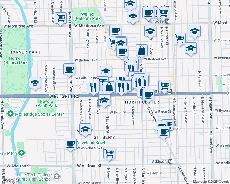 map of restaurants, bars, coffee shops, grocery stores, and more near 2133 West Cuyler Avenue in Chicago