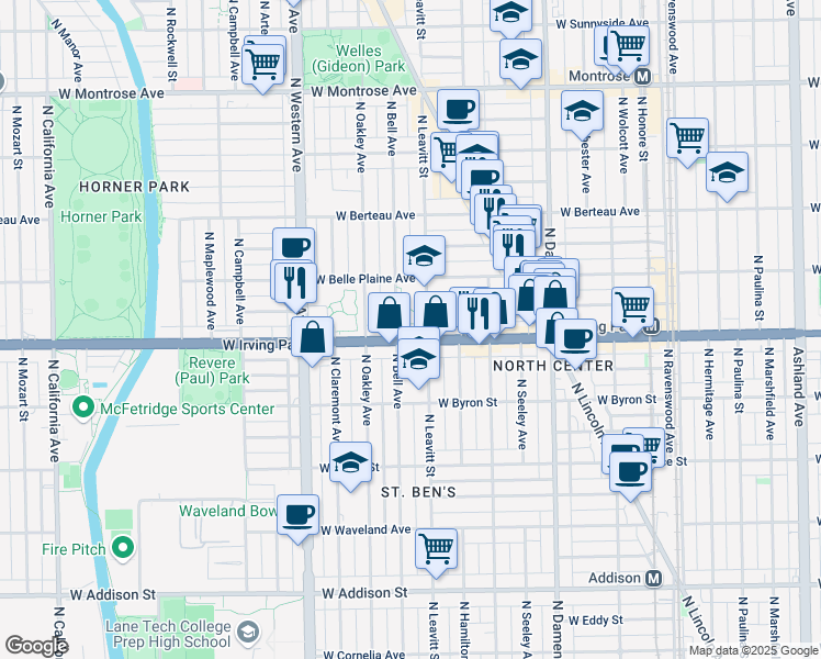 map of restaurants, bars, coffee shops, grocery stores, and more near 4001 North Leavitt Street in Chicago