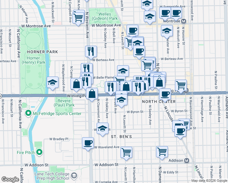 map of restaurants, bars, coffee shops, grocery stores, and more near 4027 North Oakley Avenue in Chicago