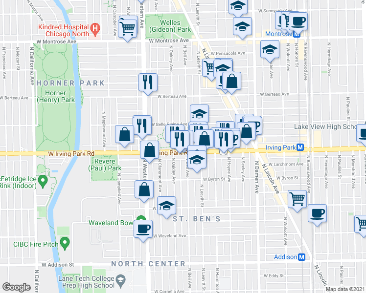 map of restaurants, bars, coffee shops, grocery stores, and more near 4027 North Oakley Avenue in Chicago