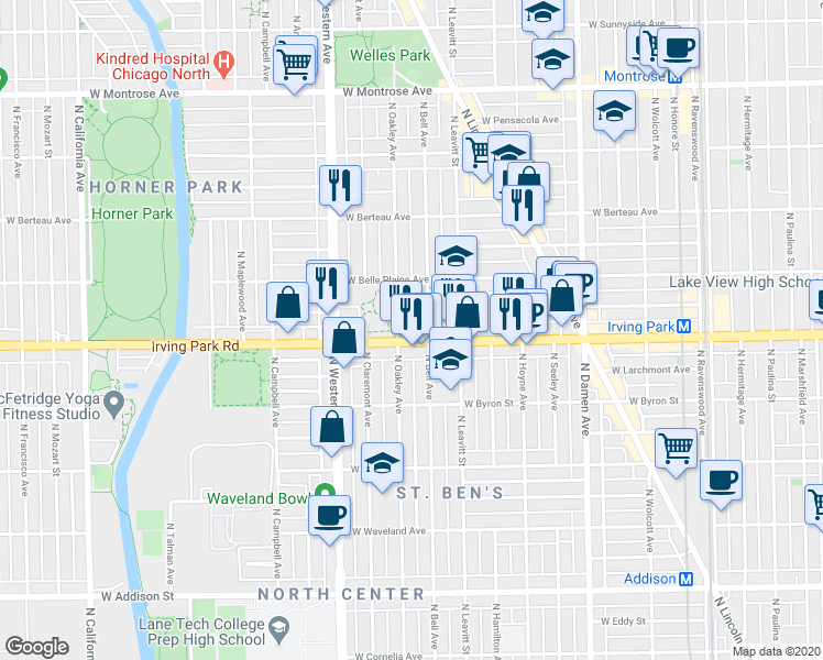 map of restaurants, bars, coffee shops, grocery stores, and more near 4027 North Oakley Avenue in Chicago