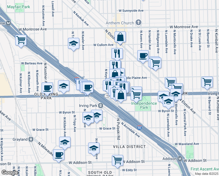 map of restaurants, bars, coffee shops, grocery stores, and more near 4049 North Keystone Avenue in Chicago