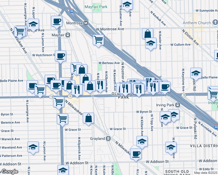 map of restaurants, bars, coffee shops, grocery stores, and more near 4048 North Kenneth Avenue in Chicago