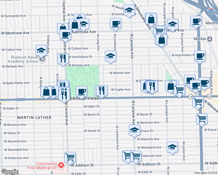 map of restaurants, bars, coffee shops, grocery stores, and more near 5317 West Belle Plaine Avenue in Chicago