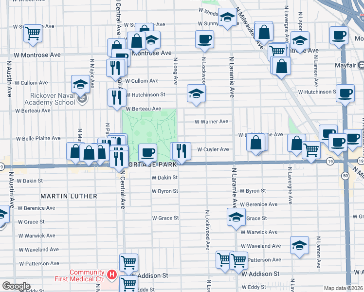 map of restaurants, bars, coffee shops, grocery stores, and more near 4037 North Long Avenue in Chicago