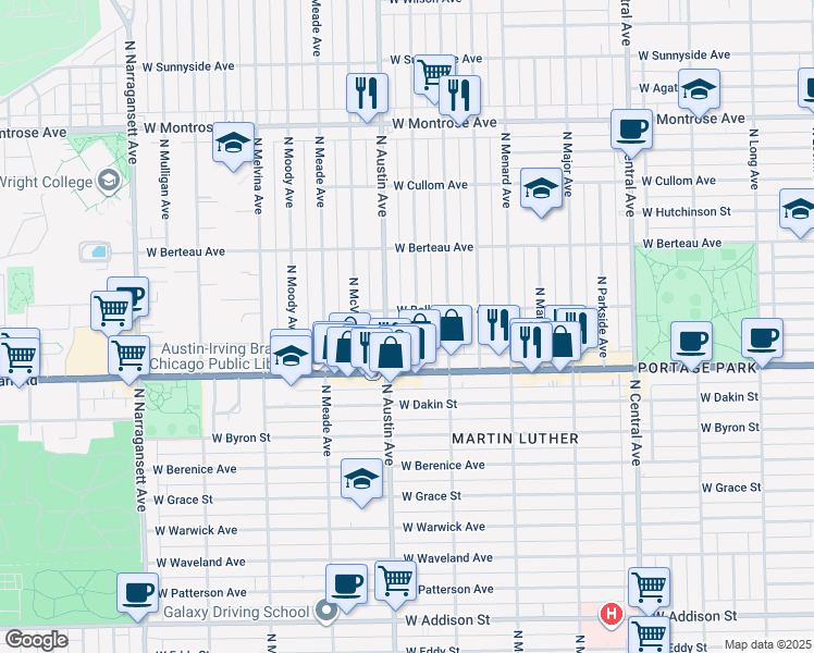 map of restaurants, bars, coffee shops, grocery stores, and more near 4101 North Mason Avenue in Chicago