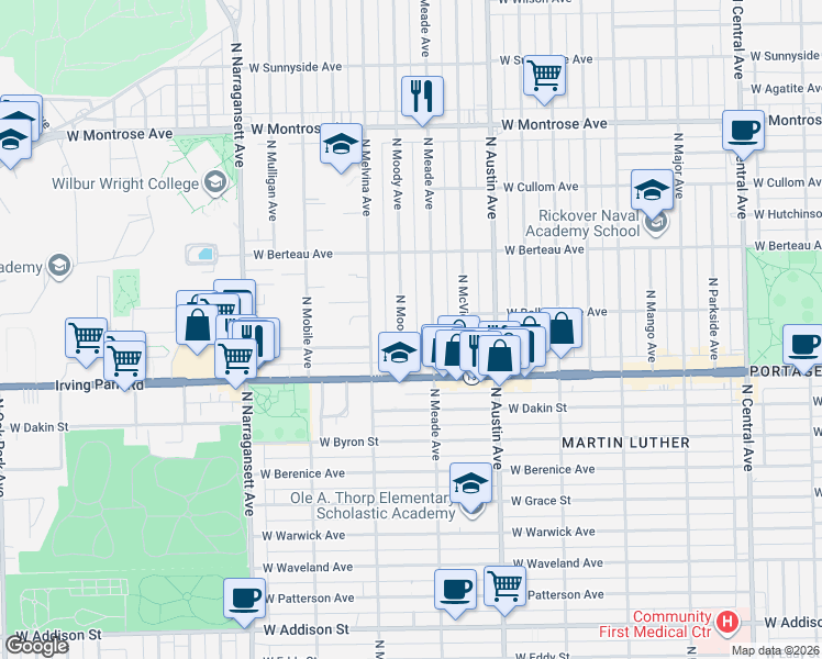 map of restaurants, bars, coffee shops, grocery stores, and more near 4101 North Moody Avenue in Chicago