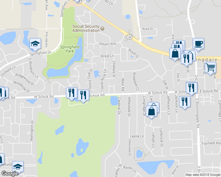 map of restaurants, bars, coffee shops, grocery stores, and more near 119 Villa Way in Bloomingdale