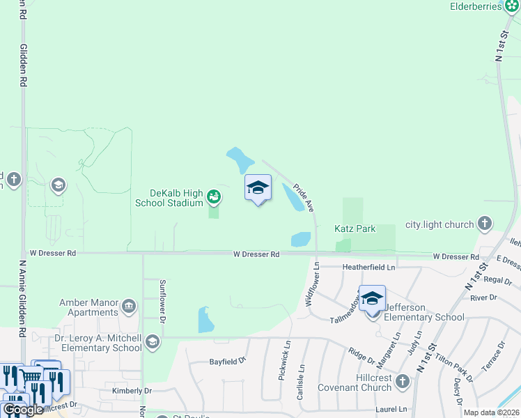 map of restaurants, bars, coffee shops, grocery stores, and more near 501 West Dresser Road in DeKalb