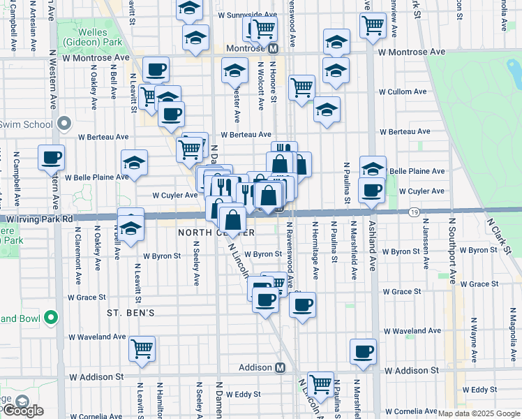 map of restaurants, bars, coffee shops, grocery stores, and more near 1844 West Irving Park Road in Chicago