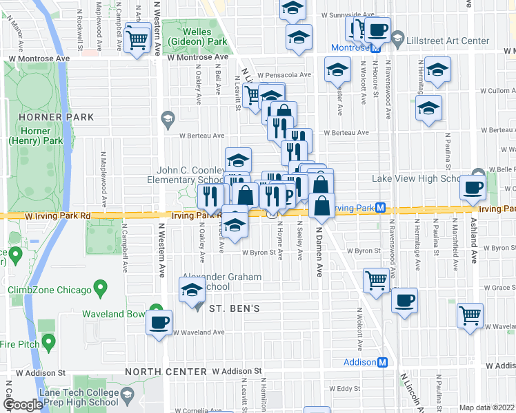 map of restaurants, bars, coffee shops, grocery stores, and more near 2133 West Cuyler Avenue in Chicago