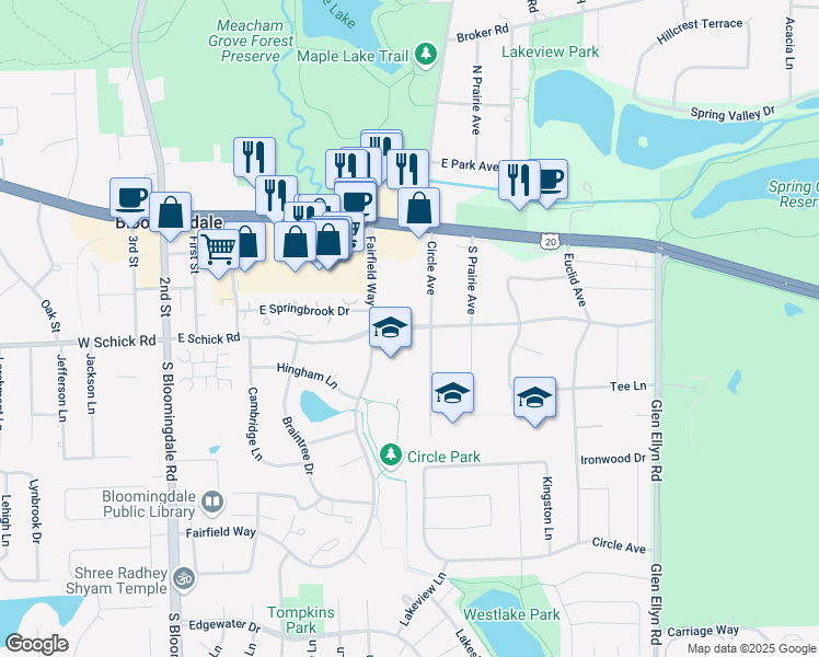 map of restaurants, bars, coffee shops, grocery stores, and more near 210 East Schick Road in Bloomingdale