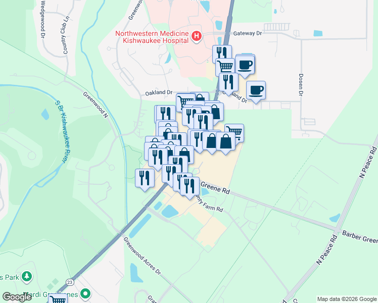 map of restaurants, bars, coffee shops, grocery stores, and more near 2515 Sycamore Road in DeKalb