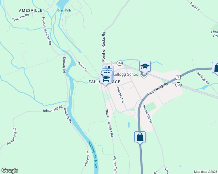 map of restaurants, bars, coffee shops, grocery stores, and more near 33 Railroad Street in Canaan