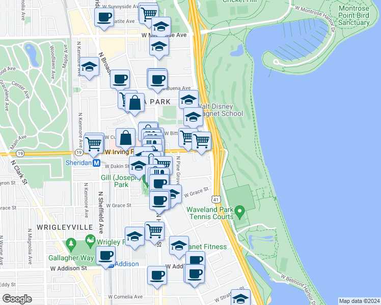 map of restaurants, bars, coffee shops, grocery stores, and more near 640 West Irving Park Road in Chicago