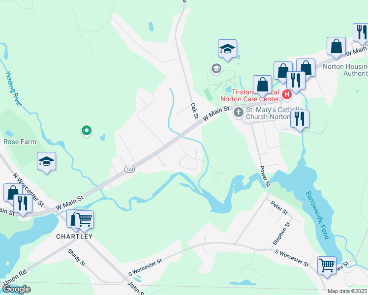 map of restaurants, bars, coffee shops, grocery stores, and more near 5 Edgewater Drive in Norton