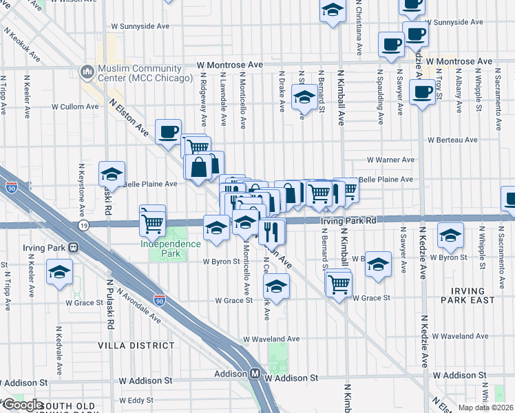 map of restaurants, bars, coffee shops, grocery stores, and more near 4039 North Monticello Avenue in Chicago