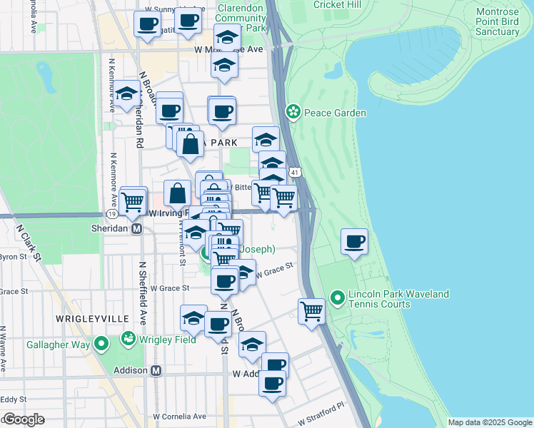 map of restaurants, bars, coffee shops, grocery stores, and more near 655 East Irving Park Road in Chicago