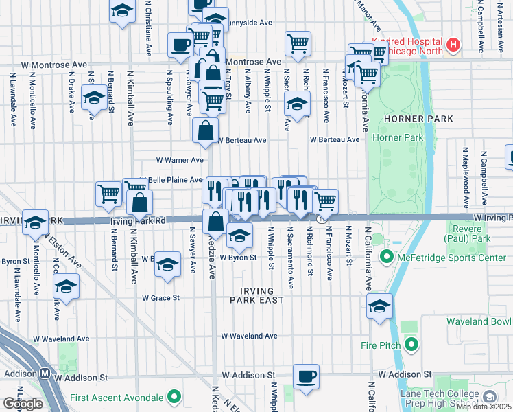 map of restaurants, bars, coffee shops, grocery stores, and more near 4015 North Albany Avenue in Chicago