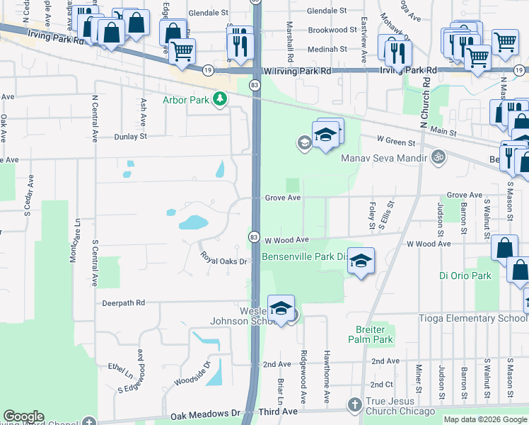 map of restaurants, bars, coffee shops, grocery stores, and more near 1182 Grove Avenue in Bensenville