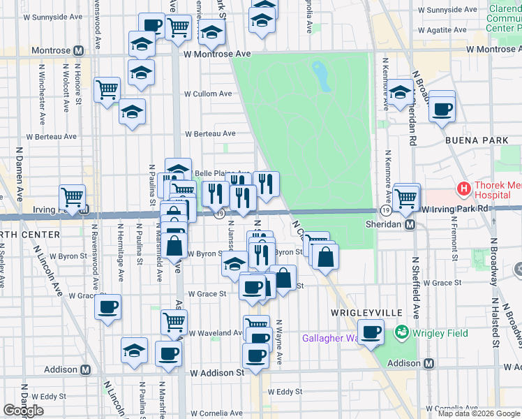 map of restaurants, bars, coffee shops, grocery stores, and more near 1401 West Cuyler Avenue in Chicago