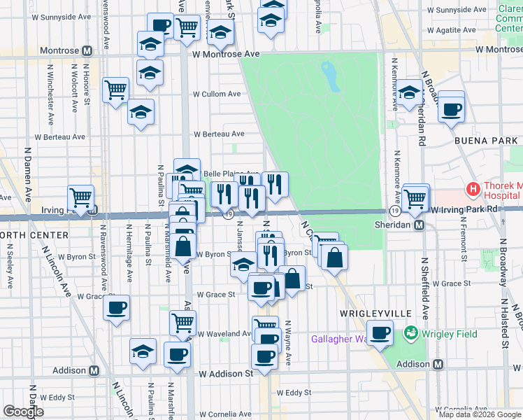 map of restaurants, bars, coffee shops, grocery stores, and more near 1401 West Cuyler Avenue in Chicago