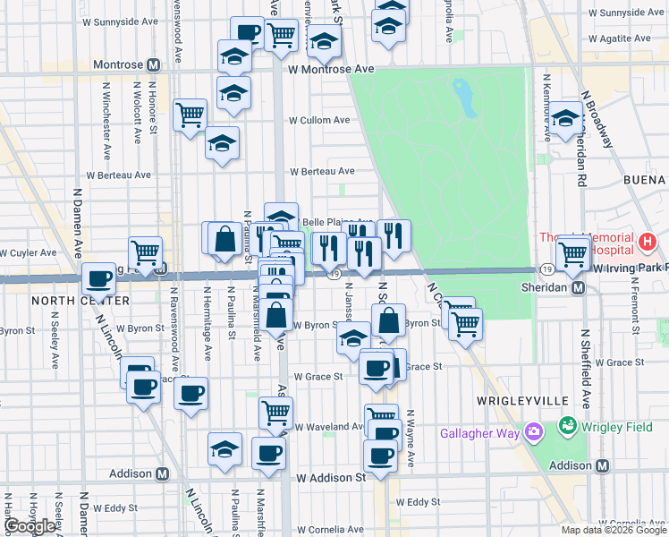 map of restaurants, bars, coffee shops, grocery stores, and more near 1443W West Cuyler Avenue in Chicago