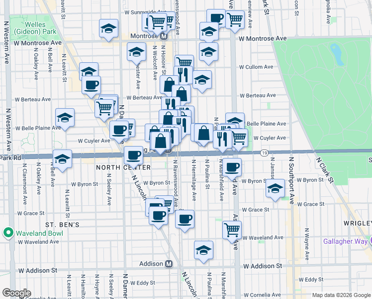 map of restaurants, bars, coffee shops, grocery stores, and more near 4019 North Ravenswood Avenue in Chicago