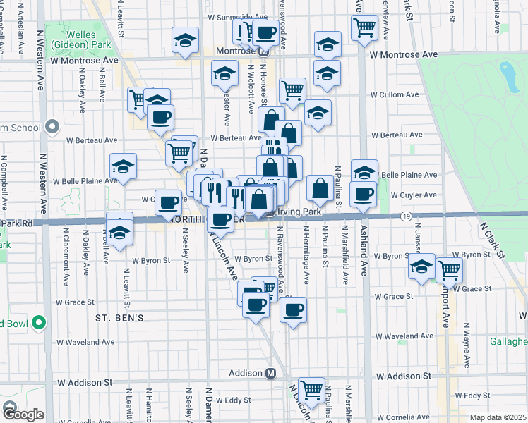 map of restaurants, bars, coffee shops, grocery stores, and more near 1817 West Cuyler Avenue in Chicago