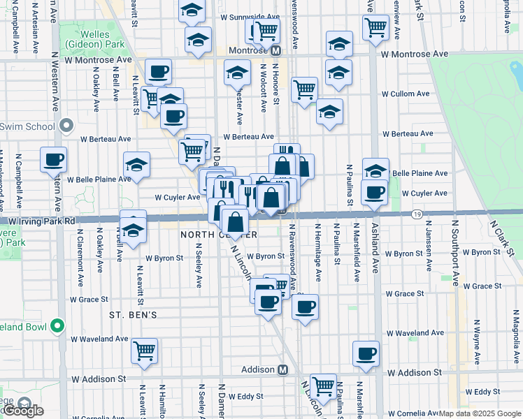 map of restaurants, bars, coffee shops, grocery stores, and more near 1844 West Irving Park Road in Chicago