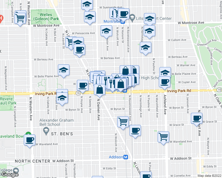 map of restaurants, bars, coffee shops, grocery stores, and more near 1844 West Irving Park Road in Chicago
