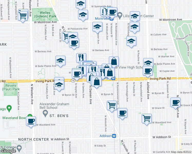 map of restaurants, bars, coffee shops, grocery stores, and more near 1939 West Cuyler Avenue in Chicago