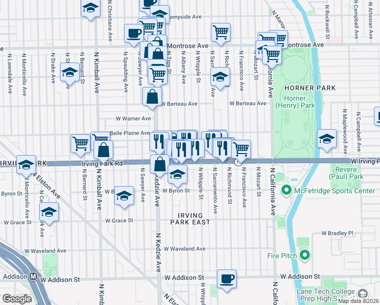 map of restaurants, bars, coffee shops, grocery stores, and more near 4015 North Albany Avenue in Chicago
