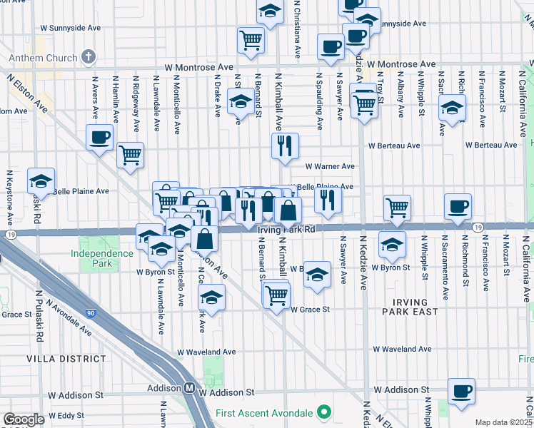 map of restaurants, bars, coffee shops, grocery stores, and more near 4035 North Bernard Street in Chicago