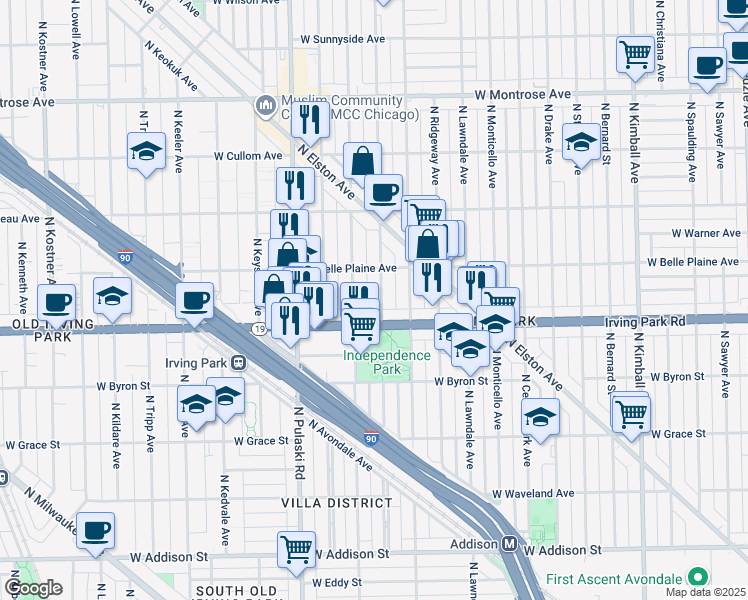 map of restaurants, bars, coffee shops, grocery stores, and more near 4040 North Avers Avenue in Chicago