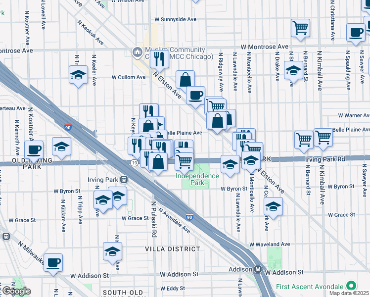 map of restaurants, bars, coffee shops, grocery stores, and more near 4040 North Avers Avenue in Chicago