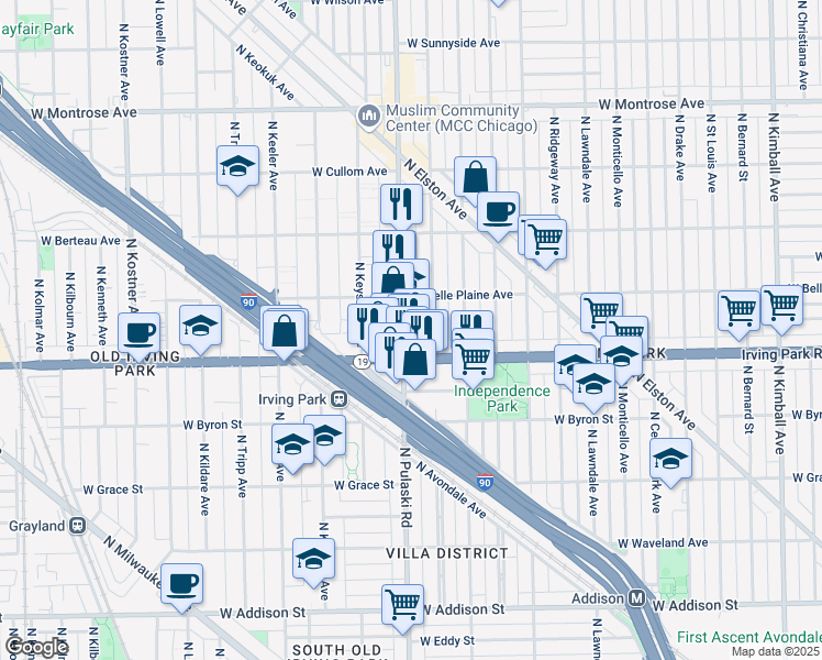 map of restaurants, bars, coffee shops, grocery stores, and more near 4045 North Pulaski Road in Chicago