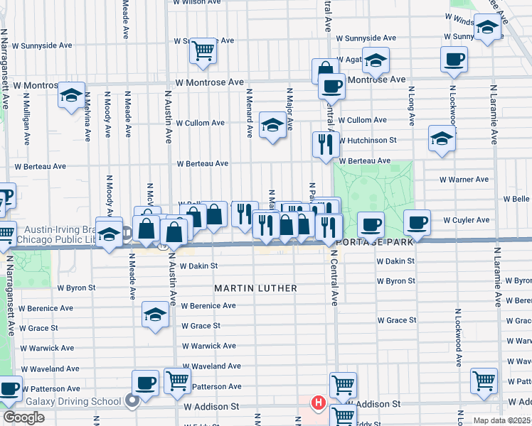 map of restaurants, bars, coffee shops, grocery stores, and more near 5734 West Belle Plaine Avenue in Chicago