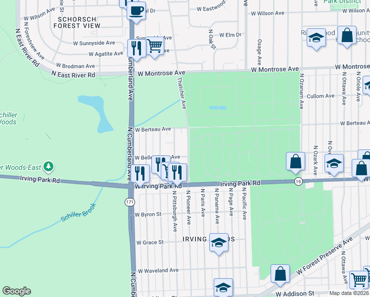 map of restaurants, bars, coffee shops, grocery stores, and more near 4133 North Pittsburgh Avenue in Chicago
