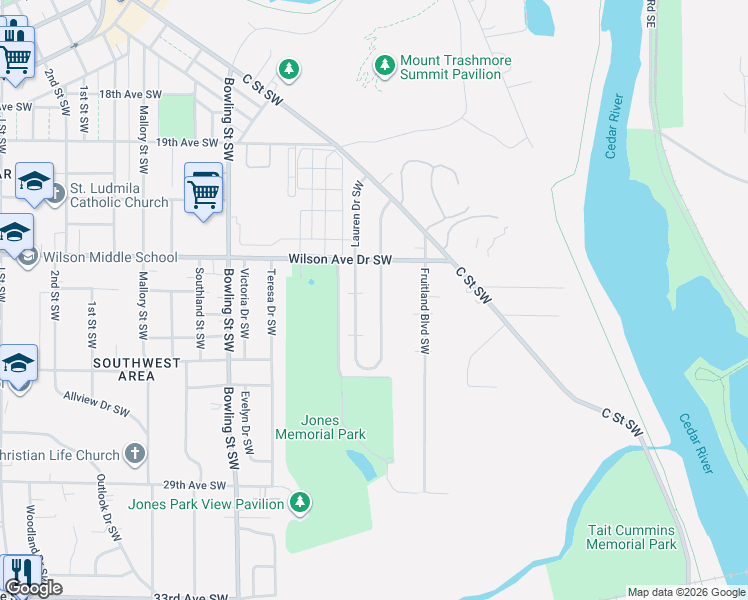 map of restaurants, bars, coffee shops, grocery stores, and more near 2324 Deborah Drive Southwest in Cedar Rapids