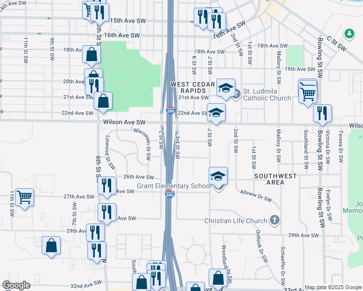 map of restaurants, bars, coffee shops, grocery stores, and more near 290 24th Avenue Southwest in Cedar Rapids