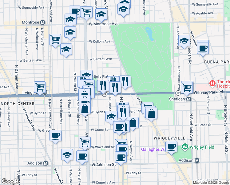 map of restaurants, bars, coffee shops, grocery stores, and more near 1401 West Cuyler Avenue in Chicago
