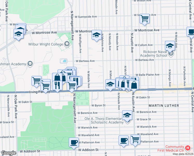 map of restaurants, bars, coffee shops, grocery stores, and more near 6229 West Belle Plaine Avenue in Chicago
