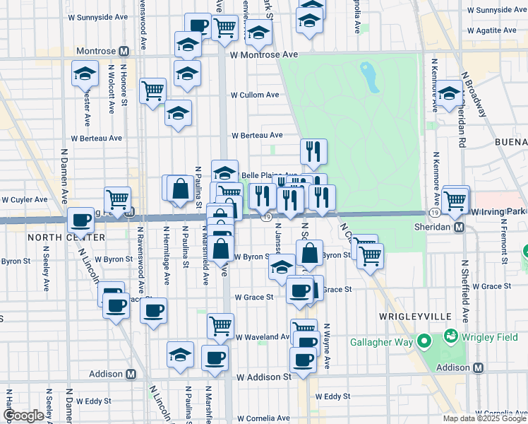 map of restaurants, bars, coffee shops, grocery stores, and more near 1462 West Irving Park Road in Chicago