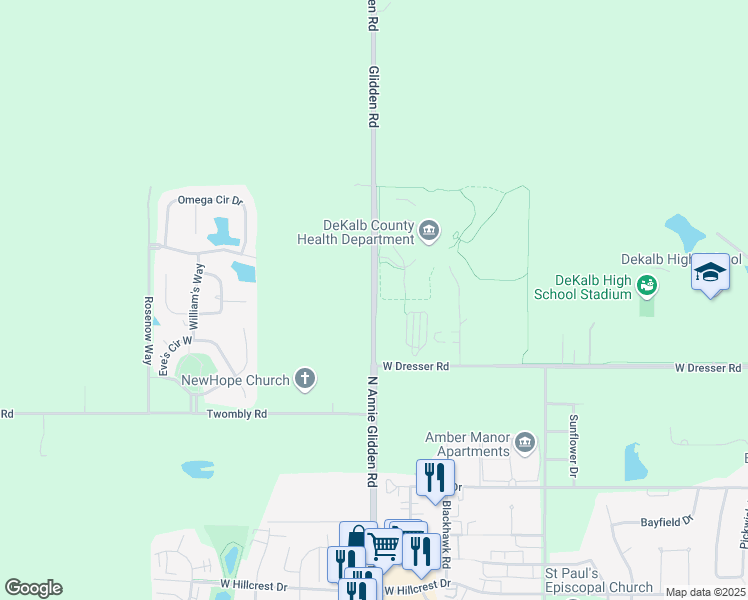 map of restaurants, bars, coffee shops, grocery stores, and more near 2500 North Annie Glidden Road in DeKalb