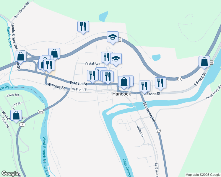 map of restaurants, bars, coffee shops, grocery stores, and more near 38 Wheeler Street in Hancock