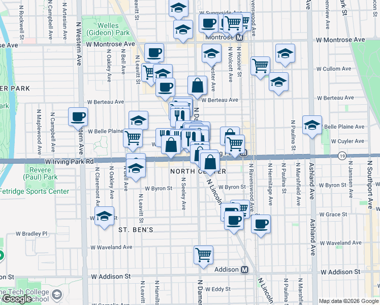 map of restaurants, bars, coffee shops, grocery stores, and more near 4010 North Lincoln Avenue in Chicago